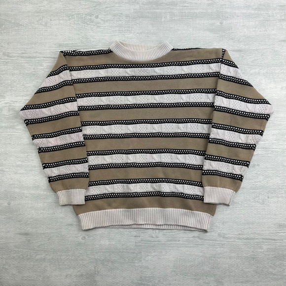 Izod Other - Vintage 90s Izod Club 3D Knit Sweater Size Medium Tan Striped Cable Pullover